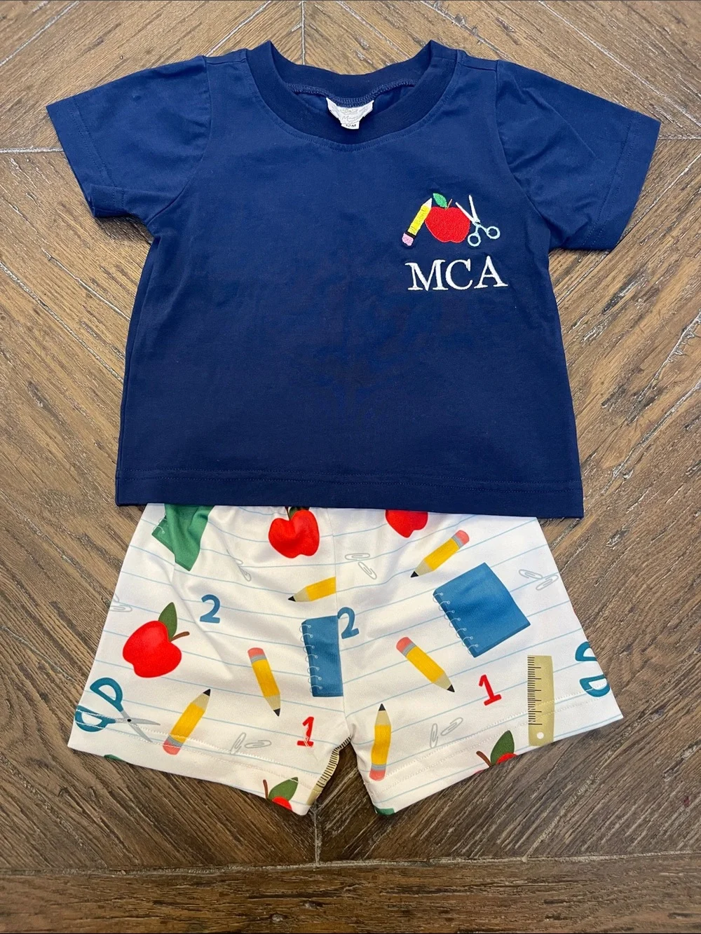 Sew Magnolia Smocks Navy Monogrammed  Set with School Supplies Print MCA